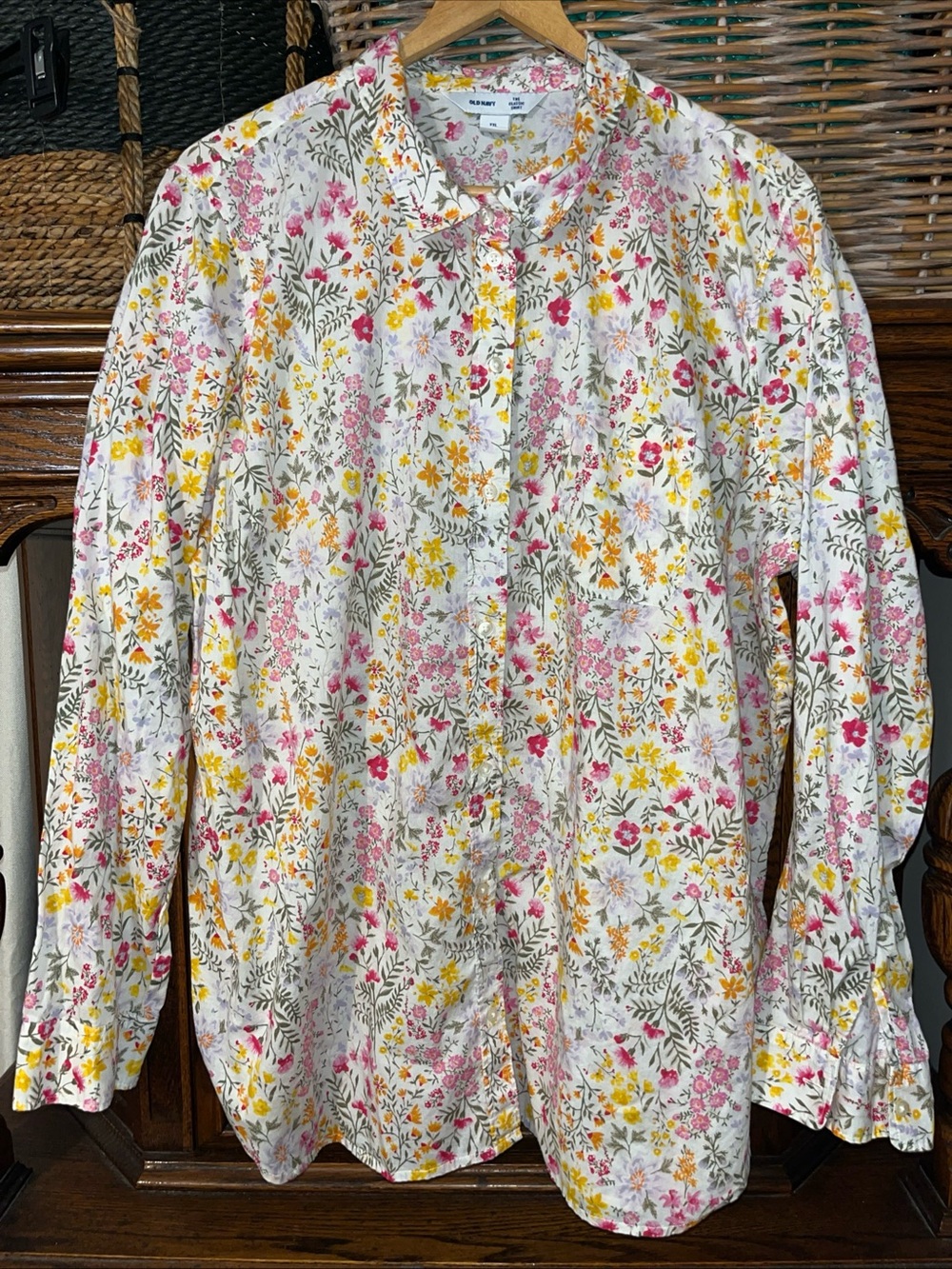 Old Navy White Button-Front Shirt with Pink & Yellow Floral Print